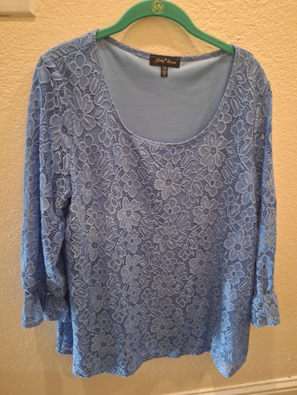 Slinky Brand Women's Light Blue Floral Lace Scoop Neck Top.